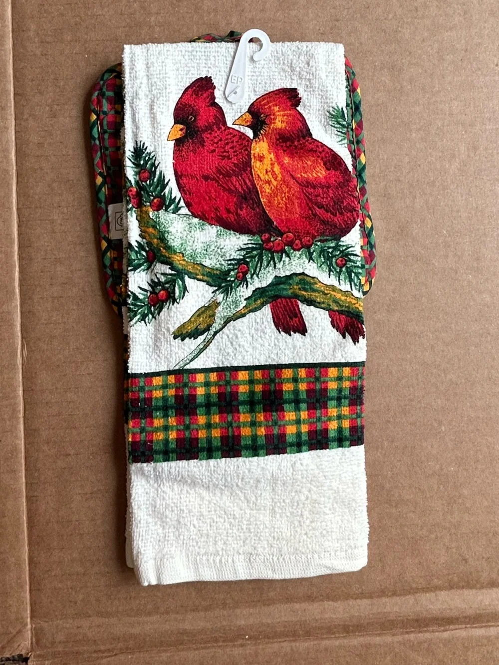 Vintage Revere Mills Happy Holidays Red Cardinal 3pc Towels,Potholders, Magnets.